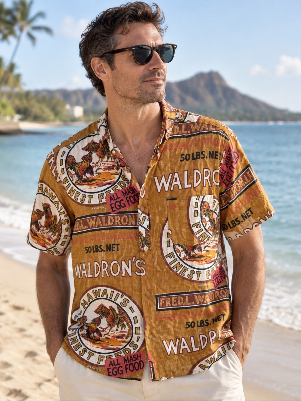 Vintage Hawaiian Holiday Waldron’s Rooster Feed Sack Aloha Shirt Men’s L